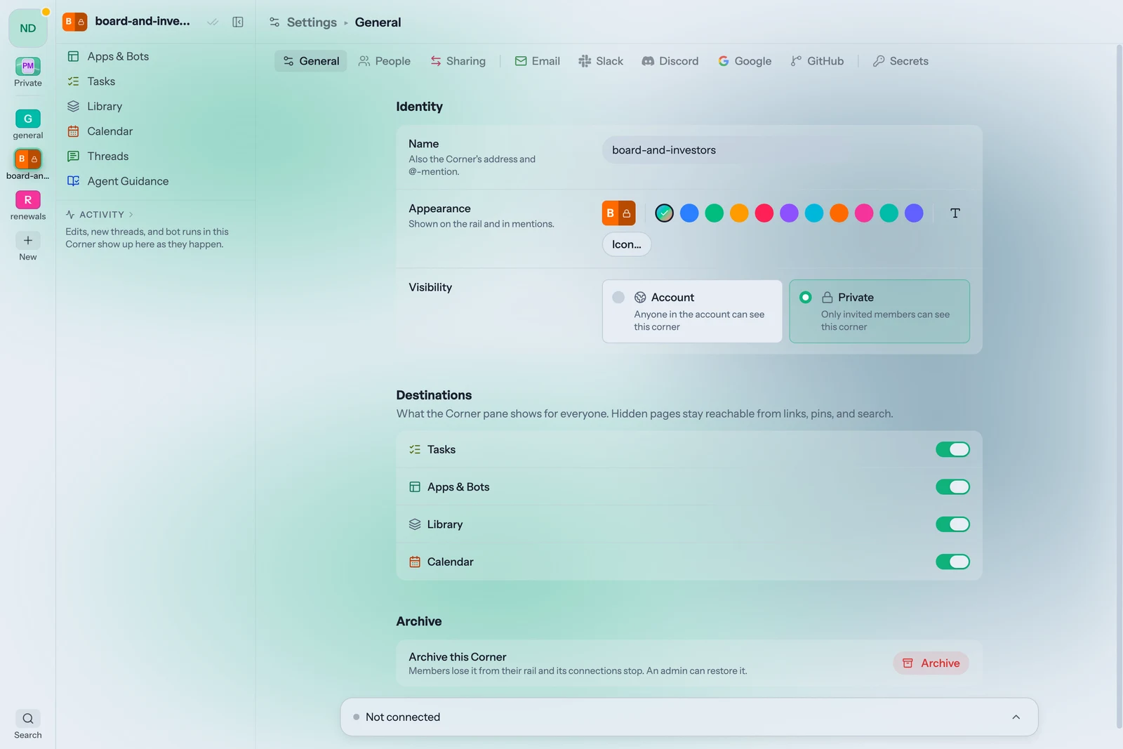 Corner settings with Private visibility selected